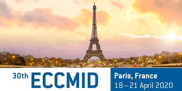 ECCMID 2020 logo. The 30th European Congress of Clinical Microbiology & Infectious Diseases, which will take place in Paris, France, 18 - 21 April 2020